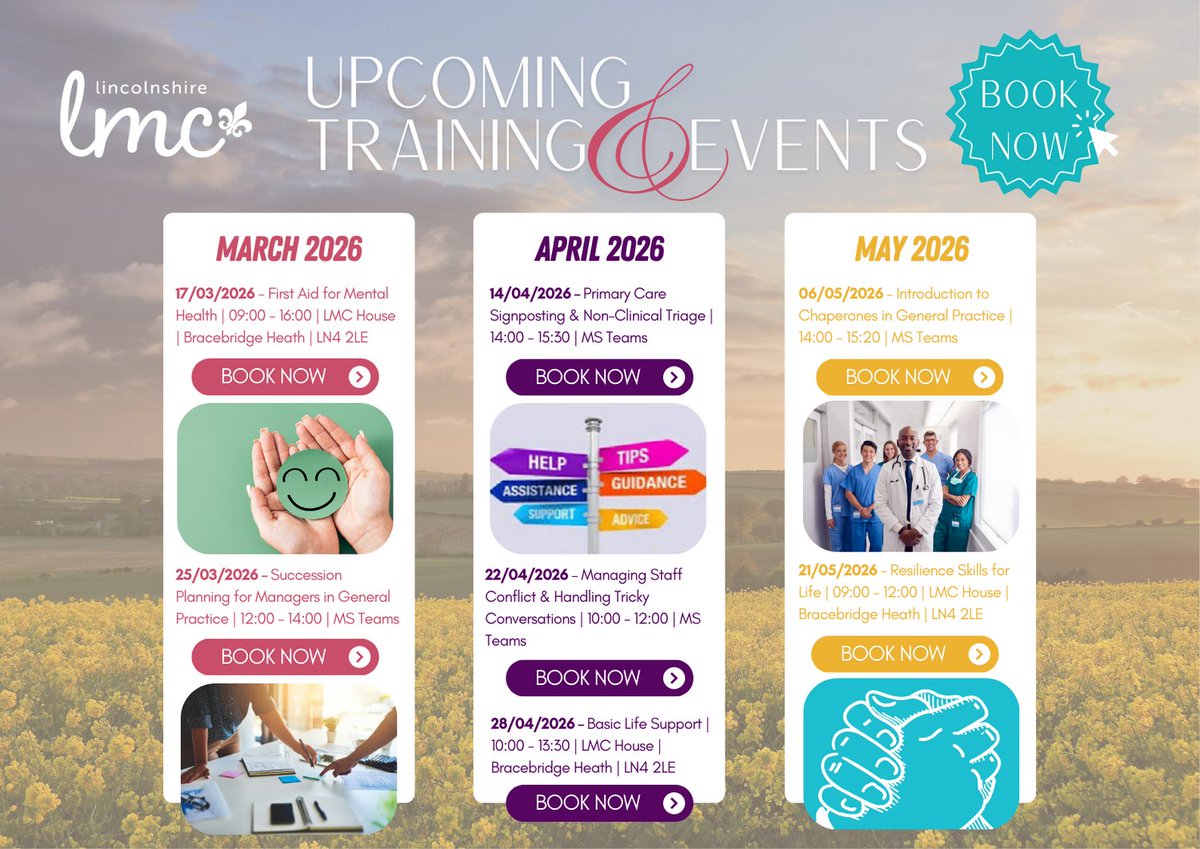 🌿Book your Spring Training and Events with Lincolnshire LMC! 

Lincolnshire LMC offer a range of training sessions and events to support GP's and practice teams. 

👉Find out more here: lincslmc.co.uk/p-category/eve…

#LincsLMC #LincsLMCEvents