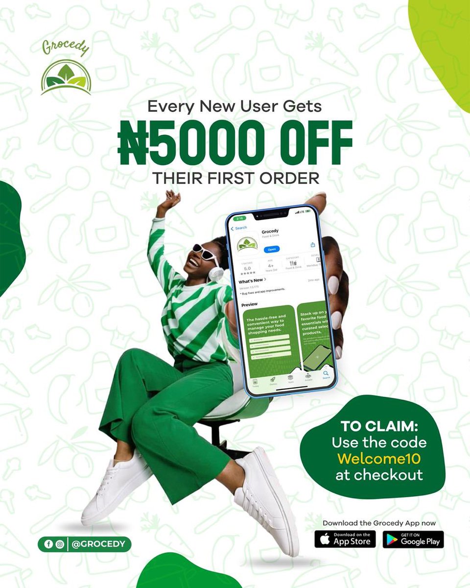 Get ₦5000 OFF your first Grocedy order!

Skip the market stress and save big on your staple foods. It’s our way of saying welcome to the family.🤭

To Claim:
• Download the Grocedy App.
• Use code Welcome10 at checkout.

Download now on the App Store or Google Play!

#Grocedy