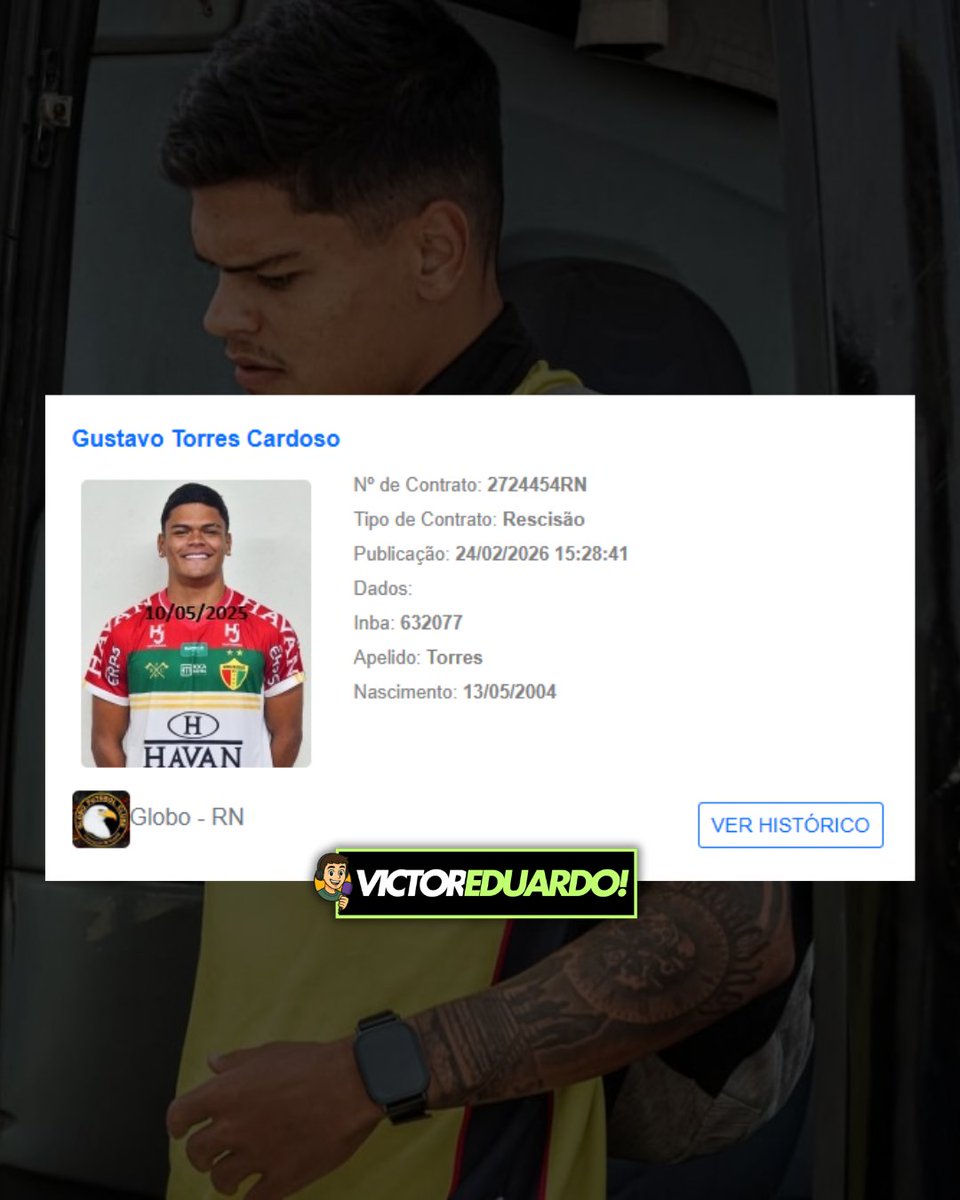 DE SAÍDA! 📤 O Globo publicou a rescisão contratual do meia Gustavo Torres no Boletim Informativo Diário (BID) da CBF, nesta terça-feira (24). O atleta, de 21 anos, disputou cinco partidas com a camisa tricolor no Campeonato Potiguar 2026.