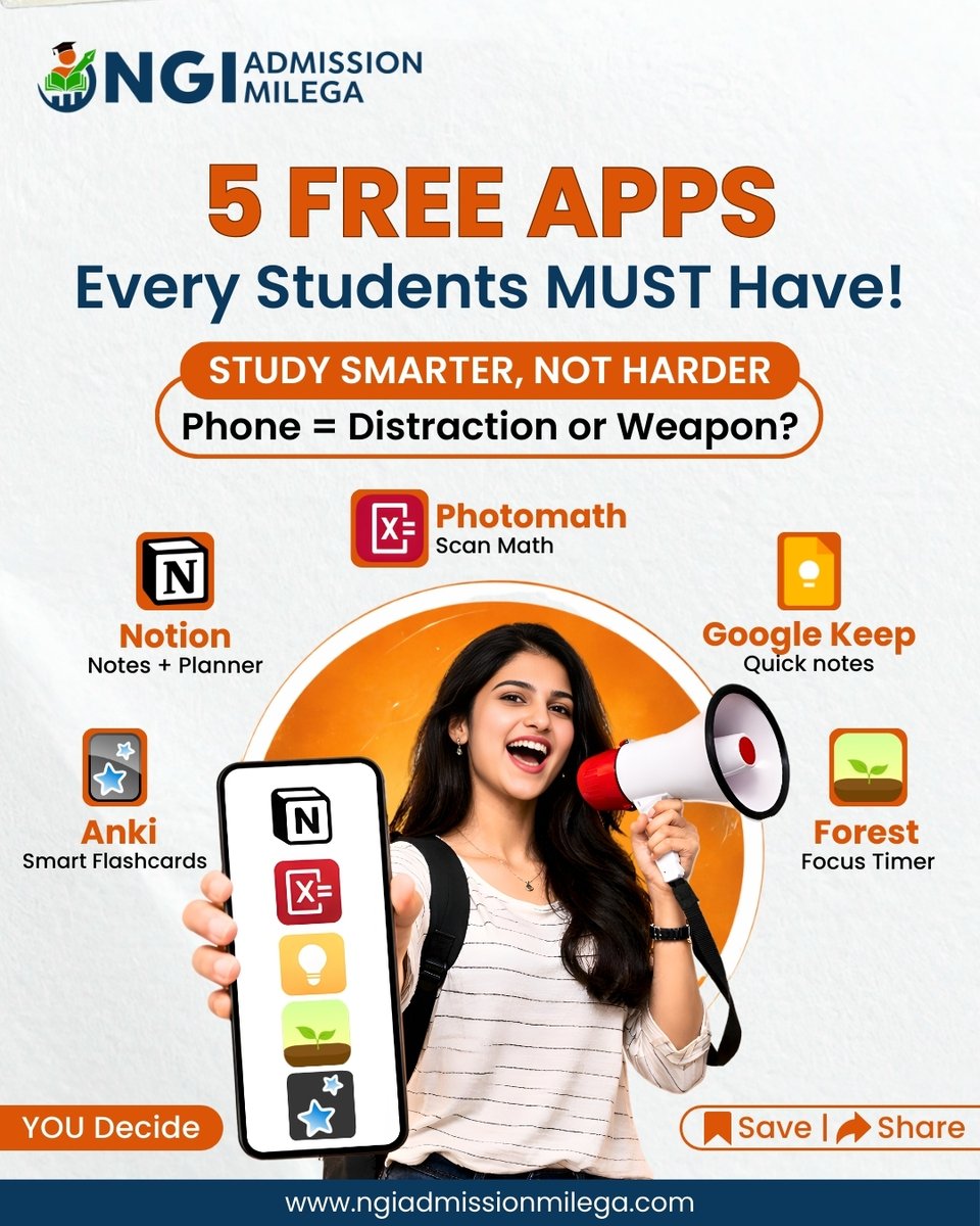 NGIAdmission's tweet photo. Students don’t need more effort — they need better tools.
5 FREE apps that improve focus, notes, memory &amp; planning 📱🎓
Every student should be using these in 2026.

#StudyApps #StudentTips #Productivity #StudySmart #StudentLife #EdTech https://t.co/jze8ta6JX7