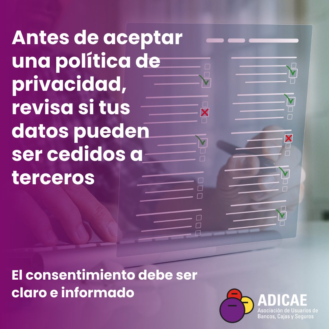 ADICAE's tweet image. 📊 Antes de aceptar una política de privacidad, revisa si tus datos pueden ser cedidos a terceros.
El consentimiento debe ser claro e informado.
#Privacidad #ProtecciónConsumidor #ADICAE