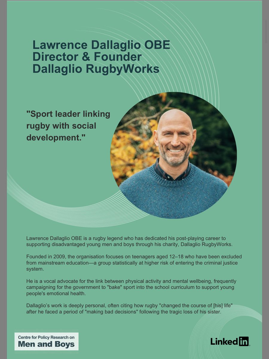 DallaglioRW's tweet photo. We’re proud to share that our founder, Lawrence Dallaglio, has been named in the UK’s Top 100 Champions for Men and Boys 2026 by the Centre for Policy Research on Men and Boys.

You can download the full Top 100 Champions list here: https://t.co/J1H6ztAzcl https://t.co/NkqOzVSIhS