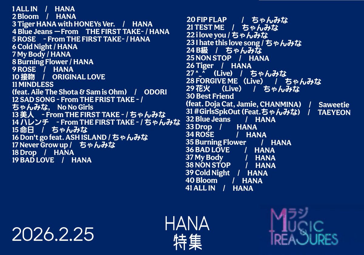 MBSラジオ🦁MusicTreasures ⏰今夜26:30-29:15 1st Album「HANA」発売