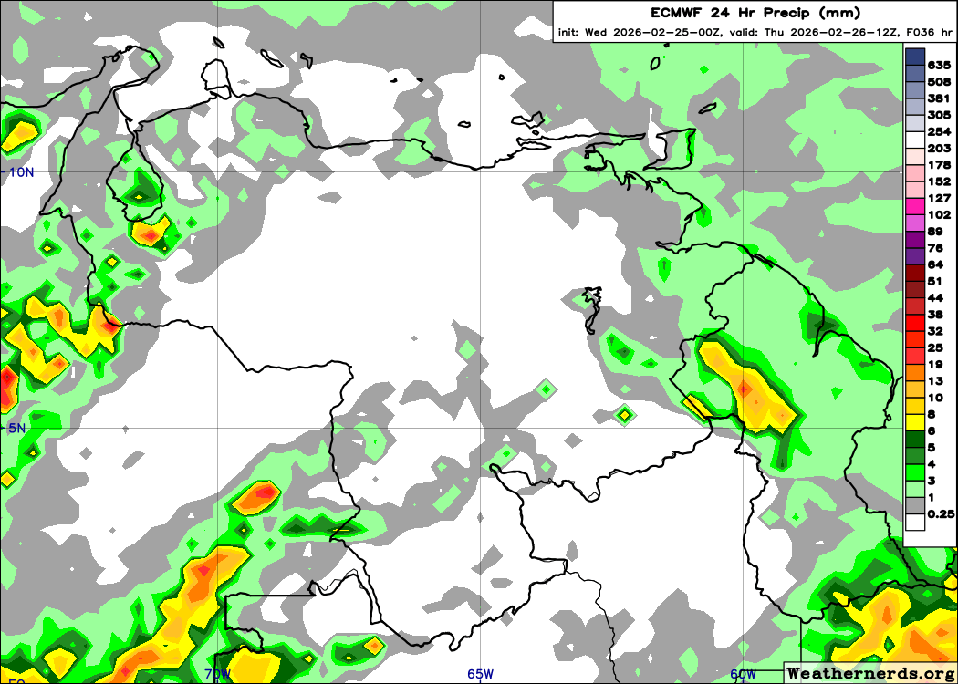 Venezuela, precipitación acumulada en 24 hrs, terminado a 08:00 HLV del 26FEB26, según GFS, ICON, GEM y ECMWF. Previsión de conjuntos GFS y ECMWF, precipitaciones más probables, pero anecdóticas, en sur de Zulia y Táchira.