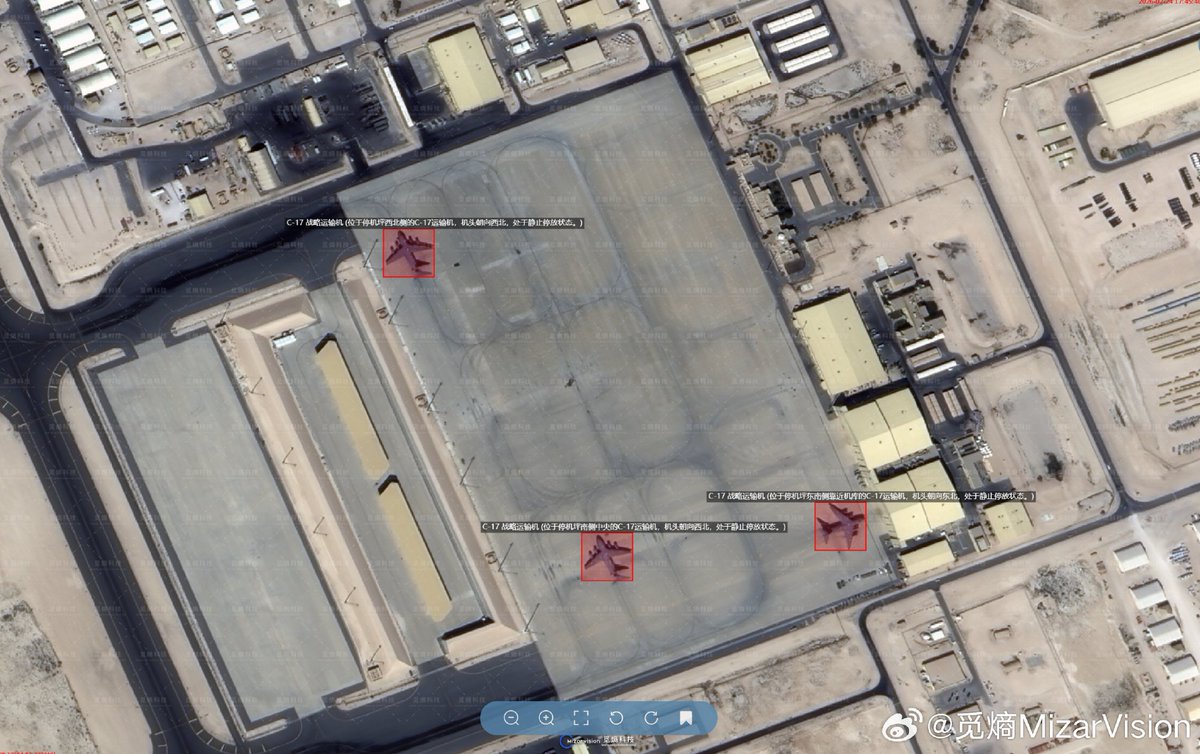 MizarVision's tweet photo. High-resolution satellite images show a continued decrease in the number of refueling aircraft at Udeid Air Base, while Patriot air defense positions remain deployed.
#MiEntropyTechnology #airspaceMilitary #WorldFromGod'sEyeView #USMilitaryDynamics https://t.co/Y1FqbVbd4t