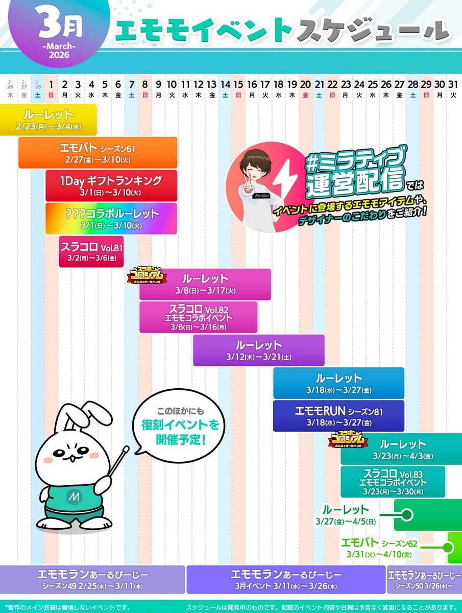 🎨3月エモモイベント🎨
🗓スケジュールを先行公開🗓

🌟デザイナーさんおすすめポイントの紹介や
💭世界観のチラ見せ予告も……⁉
公開までお楽しみに🥳

📌スケジュールは開発中のものです。
内容や日程は変更になることがあります。