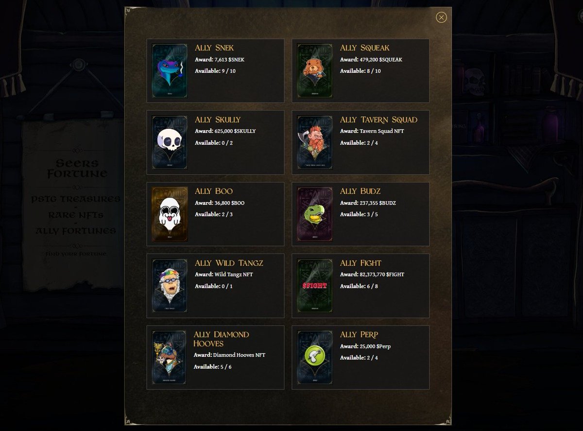 The Seer has many allies.

Did you know you can win NFTs and tokens from:

<a href="/snek/">Snek</a> 
<a href="/TavernStudios/">Tavern Studios</a> 
<a href="/WildTangz/">Wild Tangz</a> 
<a href="/World_of_Squeak/">Squeak! 🩷</a> 
<a href="/DiamondHoovesio/">Diamond Hooves</a> 
<a href="/BoocoinIO/">$BOO</a> 
<a href="/budztoken/">$BUDZ</a> 
<a href="/perpsonx/">PERPs</a> 
<a href="/necroleague/">Necro League Gaming Studios</a> 
<a href="/FightCoinADA/">$FIGHT</a> 

And now you can get extra bonuses for daily streaks