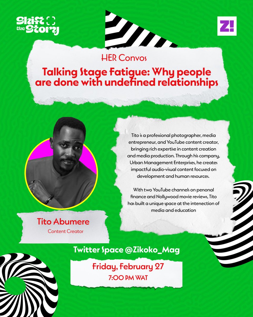 Zikoko_Mag's tweet photo. We’re at an age where "intentions" should be the first thing on the table, not the last. Why are we so afraid of labels, and why has the talking stage become a graveyard for potential relationships? 

Our second speaker, Tito Abumere @eniolatito, will be joining us to talk about the emotional toll of undefined spaces. You don't want to miss this one.

Set  a reminder here https://t.co/vNYUvzi55T

#HERConvos #ShiftTheStory