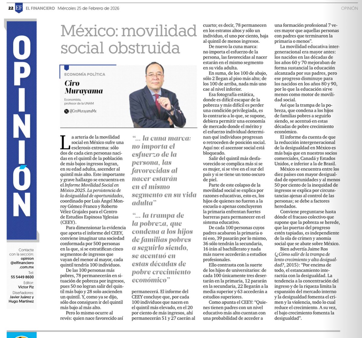 En México no hay movilidad social:

De 100 que nacen en el quintil más pobre solo 2 llegan al más alto.

De 100 nacidos en el quintil de más ingreso, solo 1 cae al menor.

Pobreza y riqueza se heredan. No hay meritocracia.

Mi texto hoy en <a href="/ElFinanciero_Mx/">El Financiero</a>
elfinanciero.com.mx/opinion/ciro-m…