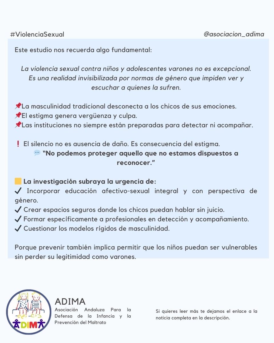 📣La victimización sexual en niños y adolescentes varones sigue siendo una realidad poco nombrada y, muchas veces, silenciada.

📖 Artículo completo aquí: revistasarance.ioaotavalo.com.ec/index.php/revi…
#psicologiaforense #ASI #AbusoSexualInfantil #ViolenciaSexual #Barnahus #ProteccionInfantil