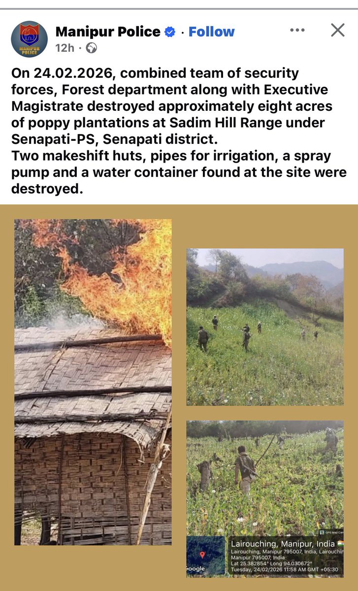 TheBlueHills49's tweet photo. Absolutely 💯
A place “troubled” due to narco economy generated from the many acres and acres of #Opium fields that only 2/3 politicians have tried to addressed !!!
Manipur needs to get 🆘rid 🆘 of the Militant’s sponsored and facilitated #PoppyFields
India cannot no longer ignore this narco terrorism and should act now