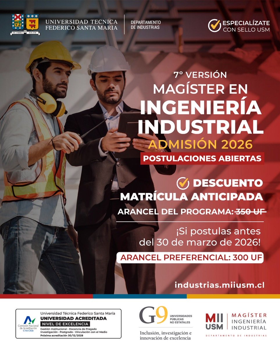 IndustriasUSM's tweet photo. ⚠️ Aprovecha el descuento especial en arancel hasta el 30 de marzo y paga 300 UF.
**Valor total del programa 350 UF.**
🔴 Para más información y postulaciones, contáctanos 📩 info.mii@usm.cl
#utfsm #usm #miiusm #postgrado #admision #gestionoperaciones #excelenciaoperacional https://t.co/MzTtNZEFVE
