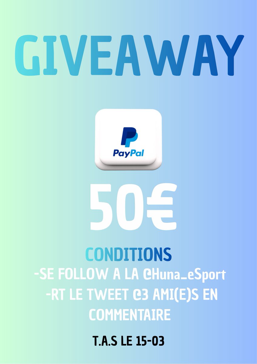 🎁 GIVEAWAY 50€ PAYPAL !

Tente de remporter la somme de 50€ ! Pour participer, il suffit de :

Conditions : 
✅ Follow <a href="/Huna_eSport/">Huna eSport</a>
✅ RT ce tweet 
✅ Mentionne 3 ami(e)s en commentaire

📅 Tirage au sort le 15/03 ! 🤍🩷
