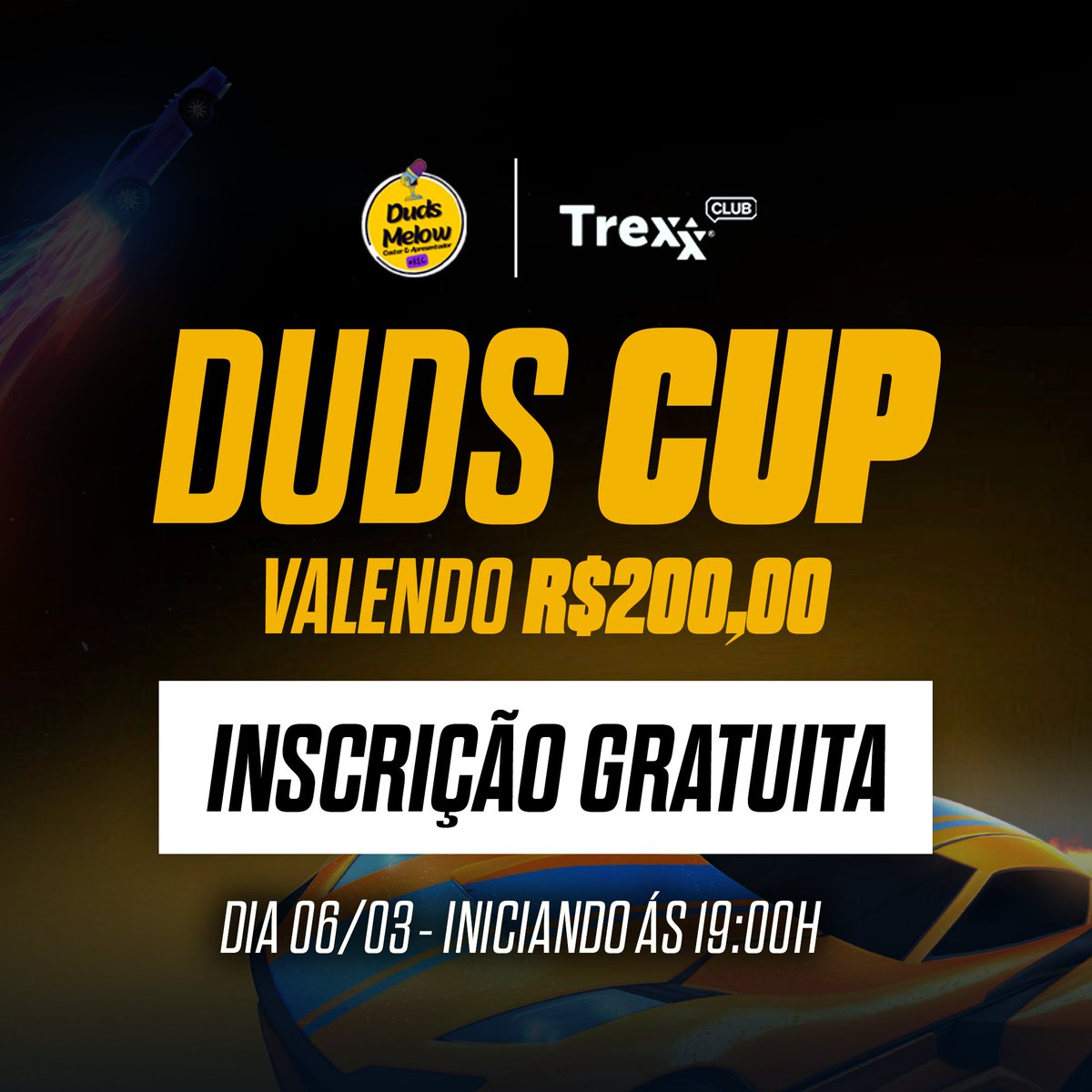VAMO DE CAMPZINHO? 🏆

Dia 06/03, junto com a <a href="/ggtrexx/">Trexx GG</a>, vou fazer um 2x2 valendo R$200 pra dupla campeã!

Pra participar:

1⃣ Cadastre-se em club.trexx.gg/teams/dudsmelow;
2⃣ Complete a missão do formulário;
3⃣ Inscreva seu time no start.gg.