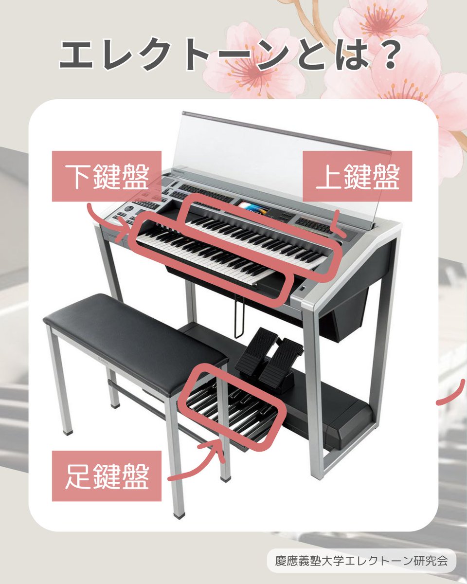 keio_electone's tweet photo. エレクトーン研究会です！🎹

今回はエレクトーンについてご紹介します♪

2段の鍵盤＋足鍵盤から成り、1人でもバンドやオーケストラのような迫力のある演奏ができます🎵

未経験の方も大歓迎です◎

質問や気になることがあれば、
お気軽にDMまでご連絡ください📩

#春から慶應　#慶應新歓2026 https://t.co/r1DnW3vYdd