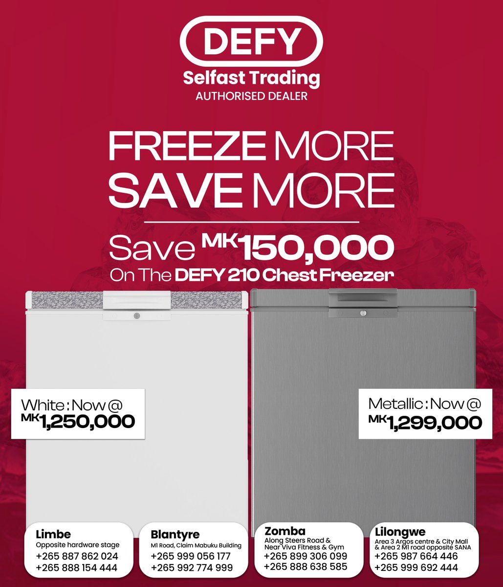 DefyMalawi's tweet photo. Upgrade your cooling with the Defy 210 Chest Freezer: now at a special promotional price only at Selfast Trading!
White: MK 1,250,000
Metallic: MK 1,350,000
Save MK 150,000 while stocks last! https://t.co/lULsRQjSRW