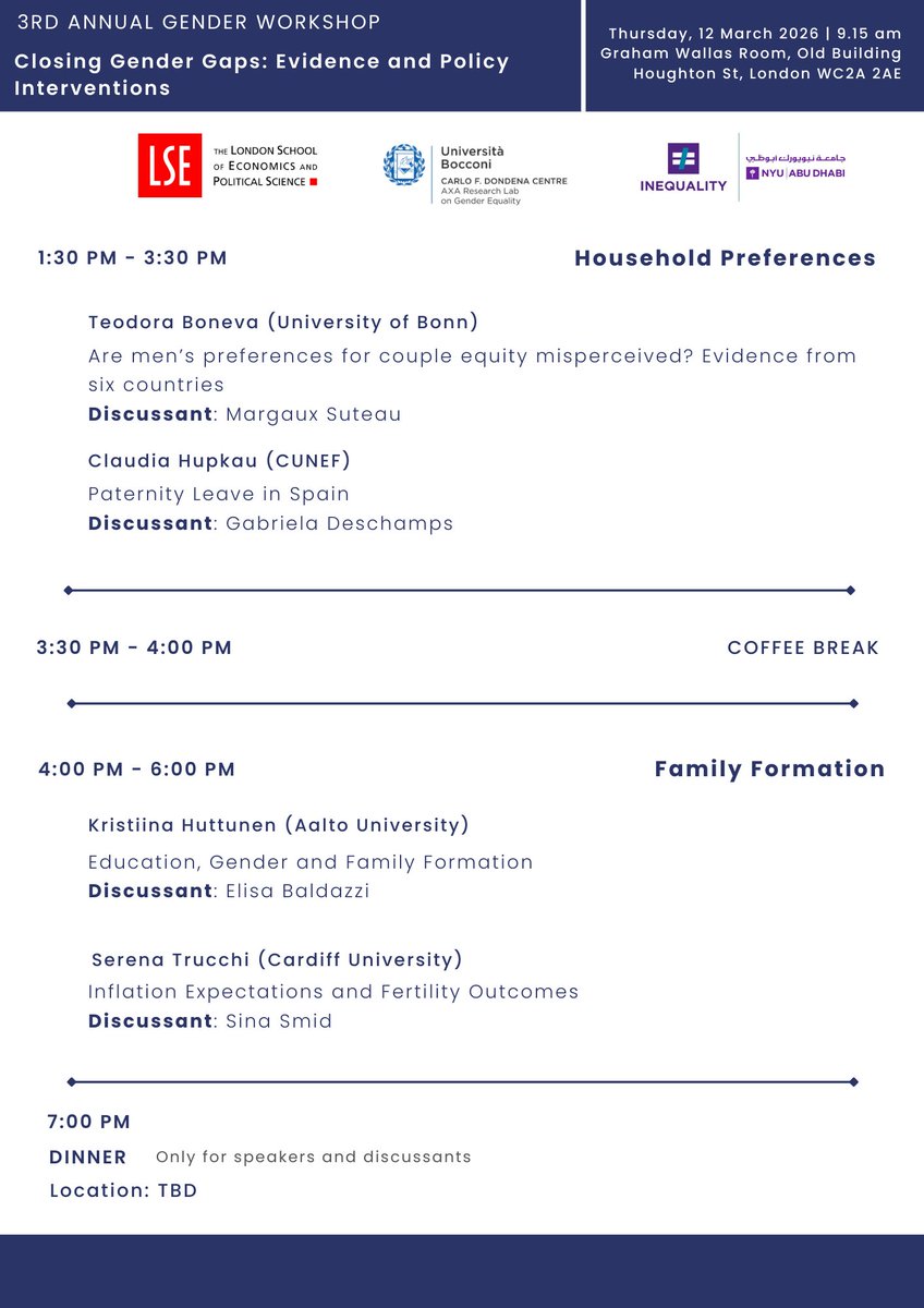 ElassKenza's tweet photo. 🚨 The 3rd Annual Gender Workshop 🚨

📅 12 March 2026
📍 LSE | Hybrid format

Amazing line-up: @SoniaBhalotra @TeodoraBoneva1 @KristiinaHuttu2 @claudiahupkau @SerenaTrucchi Max Thon @rolandrathelot

Attend online or in person, join us!

Registration 👇
https://t.co/DX73aXiPv9 https://t.co/bziWNR9Khl