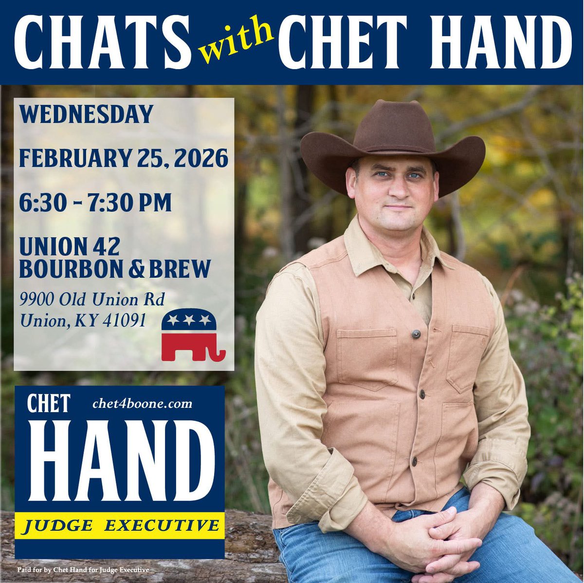 chet_hand's tweet photo. Hope to see you TONIGHT at our Chats with Chet at Union 42 Bourbon And Brew. I believe in open, transparent, and accessible leadership. Come get to know your next Judge Executive!

#chet4judgeexecutive #FreshVision #ConservativeLeadership #boonecountyky https://t.co/7ZeVuYNczx