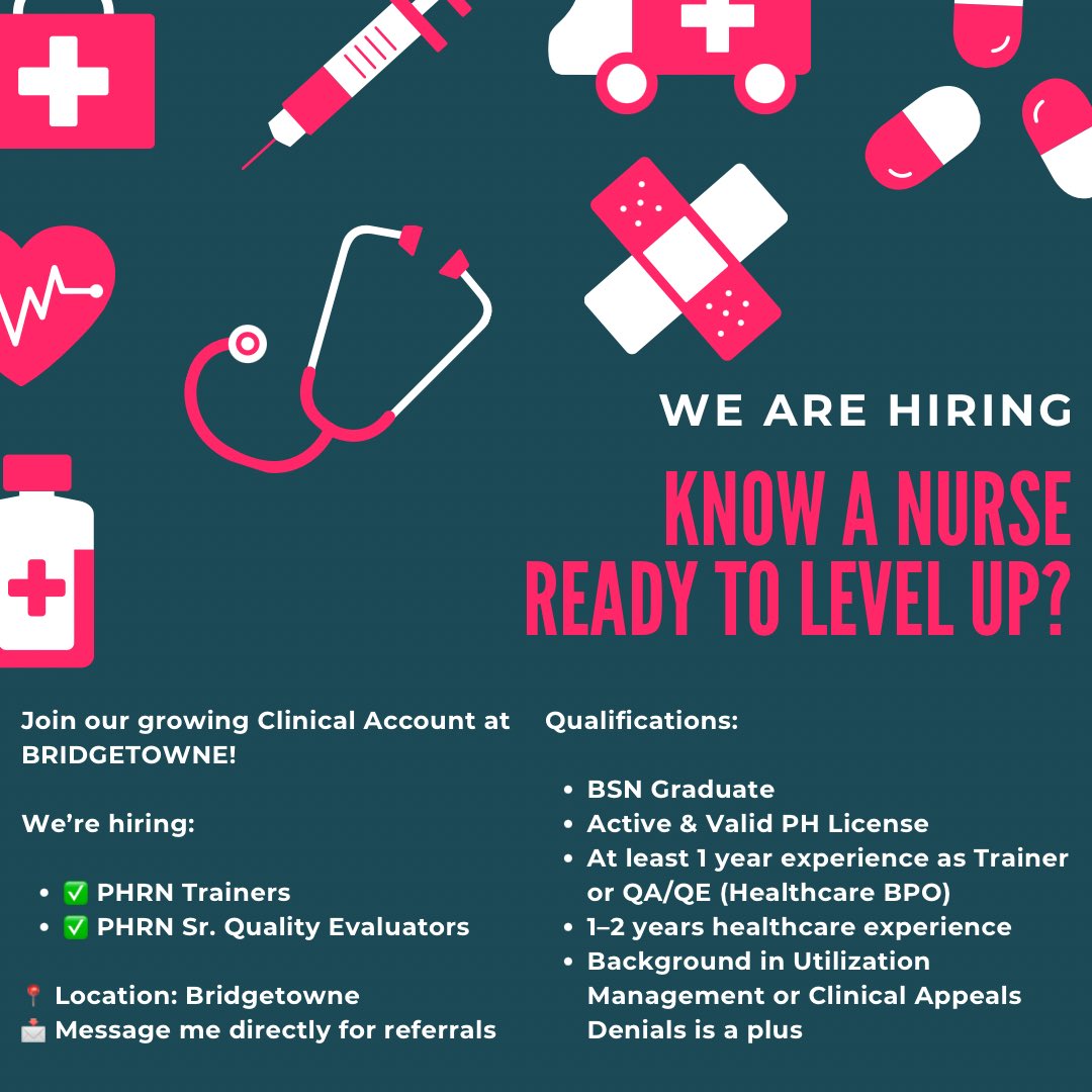 TTungNoonA's tweet photo. Join our growing Clinical Account at CNX BRIDGETOWNE!

We’re hiring:
📌PHRN Trainers
📌PHRN Sr. QE

DM for inquiries

#hiring #bpo #hiringnow #nurse #telco https://t.co/XcTgqLs4Mq