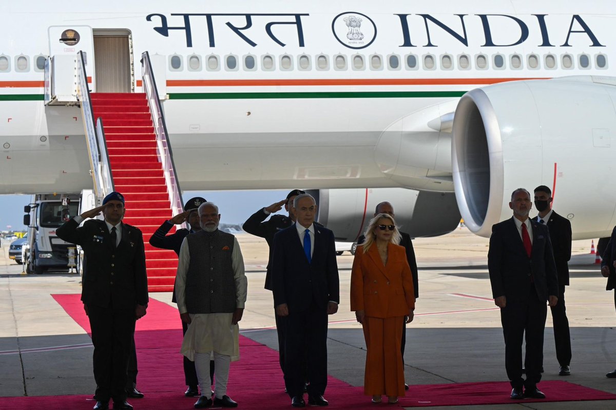 netanyahu's tweet image. My wife Sara and I welcomed today our good friend, Prime Minister of India Narendra Modi, who has arrived for another historic visit to Israel.

Prime Minister Modi previously visited Israel in 2017, and I later paid a reciprocal visit to India that was truly exceptional.

We