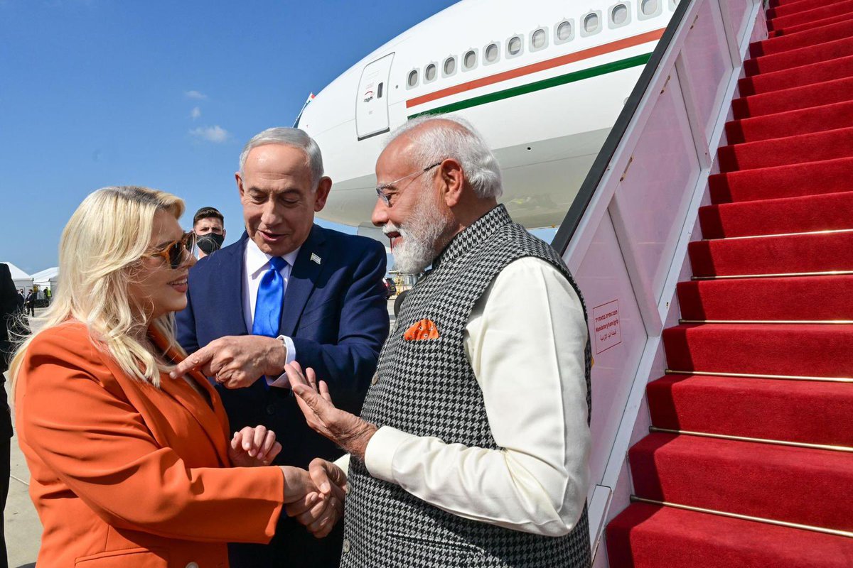 netanyahu's tweet image. My wife Sara and I welcomed today our good friend, Prime Minister of India Narendra Modi, who has arrived for another historic visit to Israel.

Prime Minister Modi previously visited Israel in 2017, and I later paid a reciprocal visit to India that was truly exceptional.

We