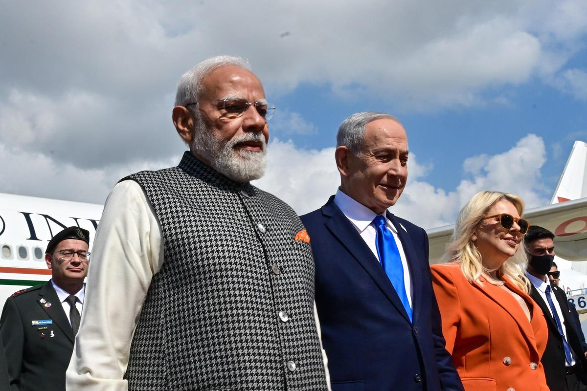 netanyahu's tweet image. My wife Sara and I welcomed today our good friend, Prime Minister of India Narendra Modi, who has arrived for another historic visit to Israel.

Prime Minister Modi previously visited Israel in 2017, and I later paid a reciprocal visit to India that was truly exceptional.

We
