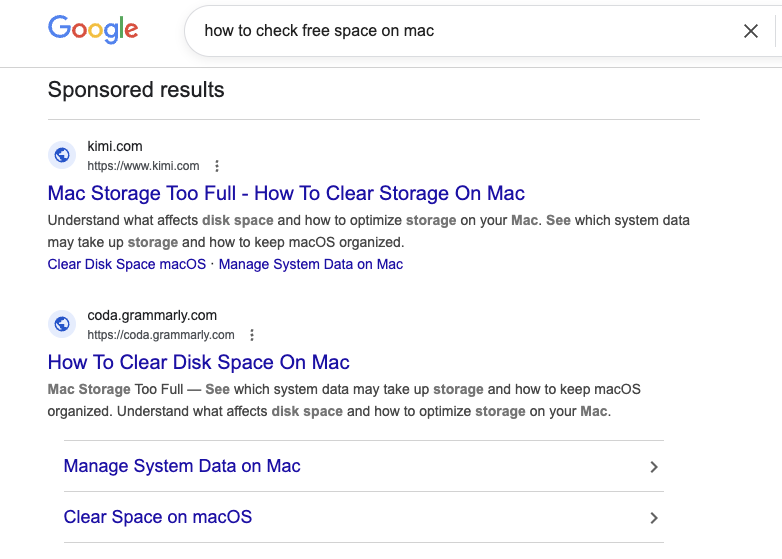 GuardioSecurity's tweet photo. You come across an issue on your Mac and google "mac free space check" or "mac sound fix". 

The first sponsored search results look like legit tech support articles on real sites like Grammarly, @Medium  or @Kimi_Moonshot.

Wonder what happens if we click it...

1/🧵 https://t.co/SdTPxkst8Z