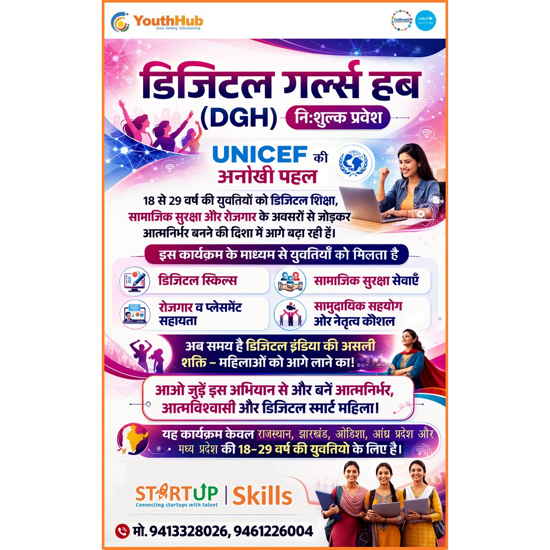 _StartupSkills's tweet photo. 🌸 डिजिटल गर्ल्स हब (DGH) (नि:शुल्क प्रवेश)✨
UNICEF द्वारा समर्थित एक अनोखी पहल - केवल 18–29 वर्ष की युवतियों के लिए

इस कार्यक्रम के माध्यम से युवतियाँ को मिलेगा —
🎓 डिजिटल स्किल्स
🛡️ सामाजिक सुरक्षा सेवाएँ
💼 रोजगार व प्लेसमेंट सहायता
🤝 सामुदायिक सहयोग और नेतृत्व कौशल https://t.co/C9VOi1P3If