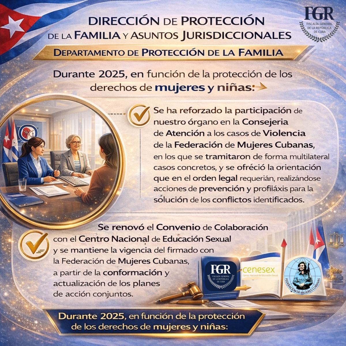🧡 | #DíaNaranja │ La <a href="/FGR_Cuba/">Fiscalía de Cuba</a> cuenta con su Dirección de Protección de la Familia y Asuntos Jurisdiccionales que tiene, entre sus funciones, velar por el cumplimiento de las leyes y disposiciones legales que garantizan la protección de los derechos de mujeres y niñas.

1/2