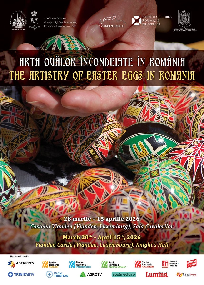 #Vianden #Castle to host exhibition of hand-painted Romanian Easter Eggs from the Village Museum Bucharest, between 28 March - 15 April 2026. 
Try-on craft workshops, details here: castle-vianden.lu/fr/events/expo…  
Happy to welcome you all!
<a href="/ICRBruxelles/">ICR Bruxelles</a>