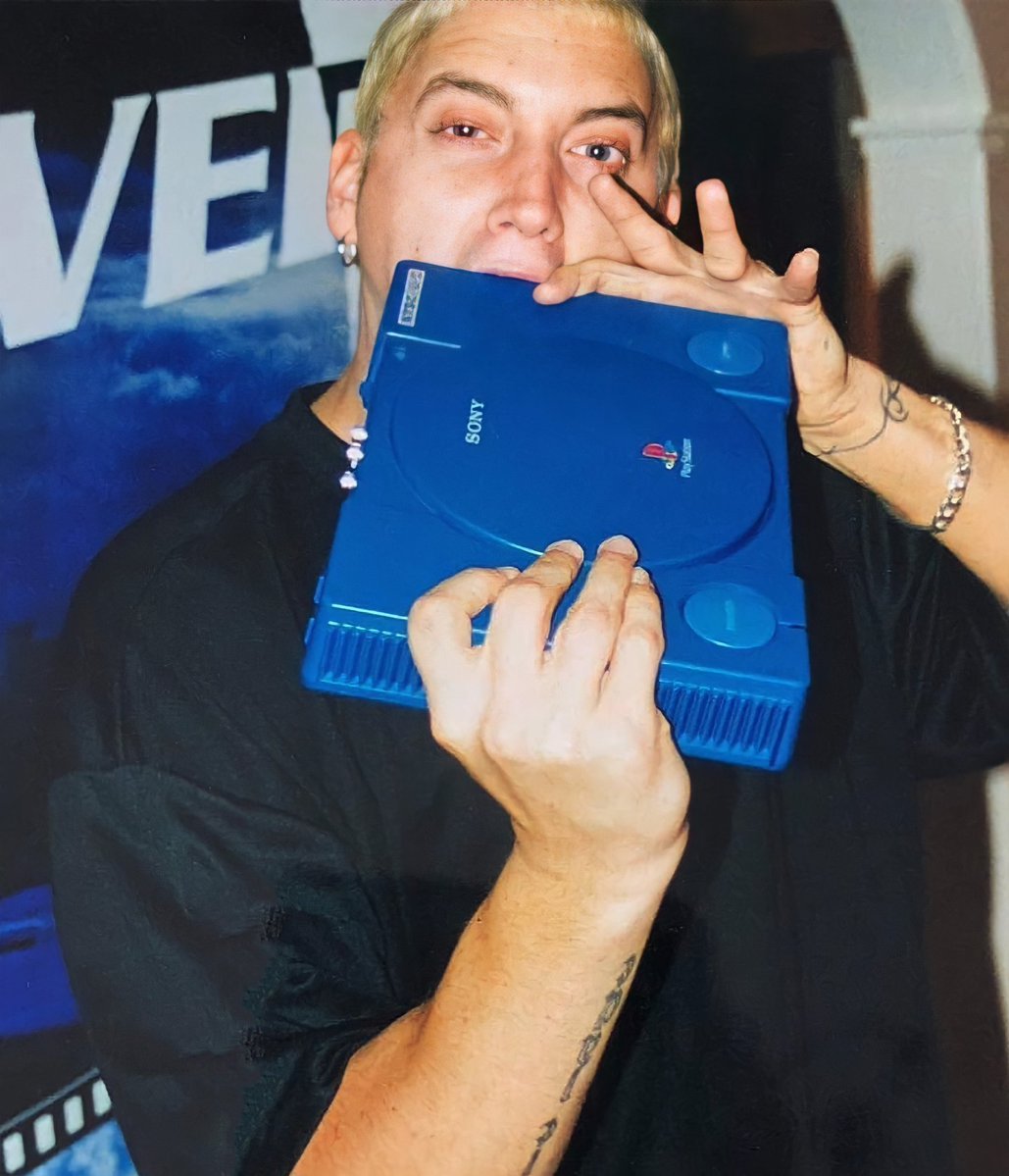 Eminem with a Sony PlayStation Debugging Station DTL-H1102 in 1999