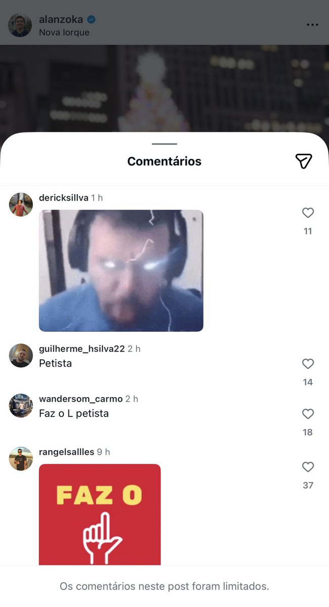 philliphonorato's tweet photo. O Alanzoka teve que trancar os comentários no Instagram. É a velha tática, na hora de militar, bate no peito. Na hora da cobrança, foge.
Quer se posicionar politicamente? Então seja homem e aguenta o tranco. É muito fácil fazer o L, e quando o governo começa a fazer merda atrás de merda, você tranca a conta e se faz de sonso.