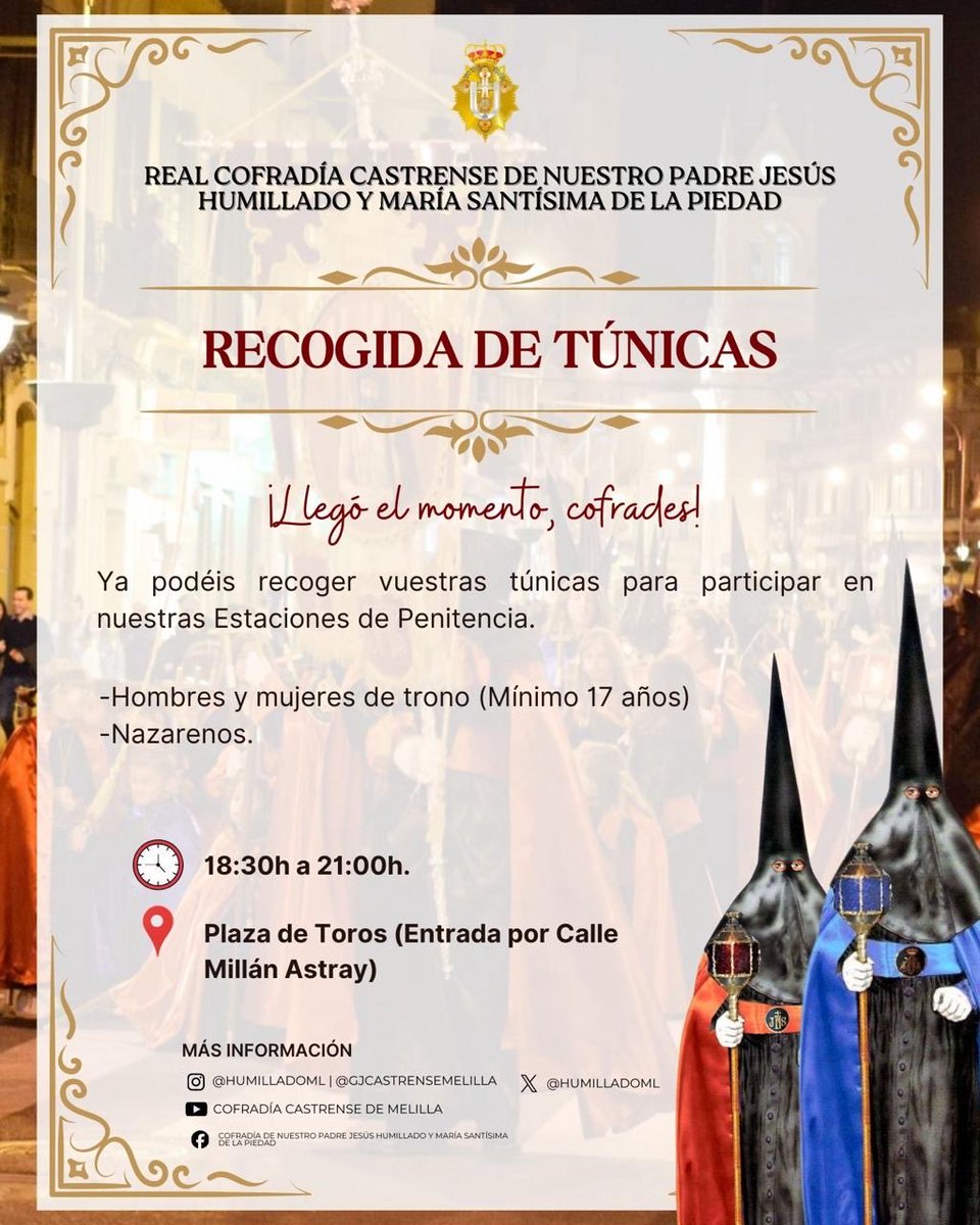 𝐆𝐔𝐀𝐑𝐃𝐀𝐑𝐑𝐎𝐏Í𝐀 ||

Informamos a todos los hermanos que desde esta tarde ya pueden pasar por la sede de la Plaza de Toros para la recogida de túnicas.

#SemanaSanta #Cofradía #Tradición #Castrense #Humillado