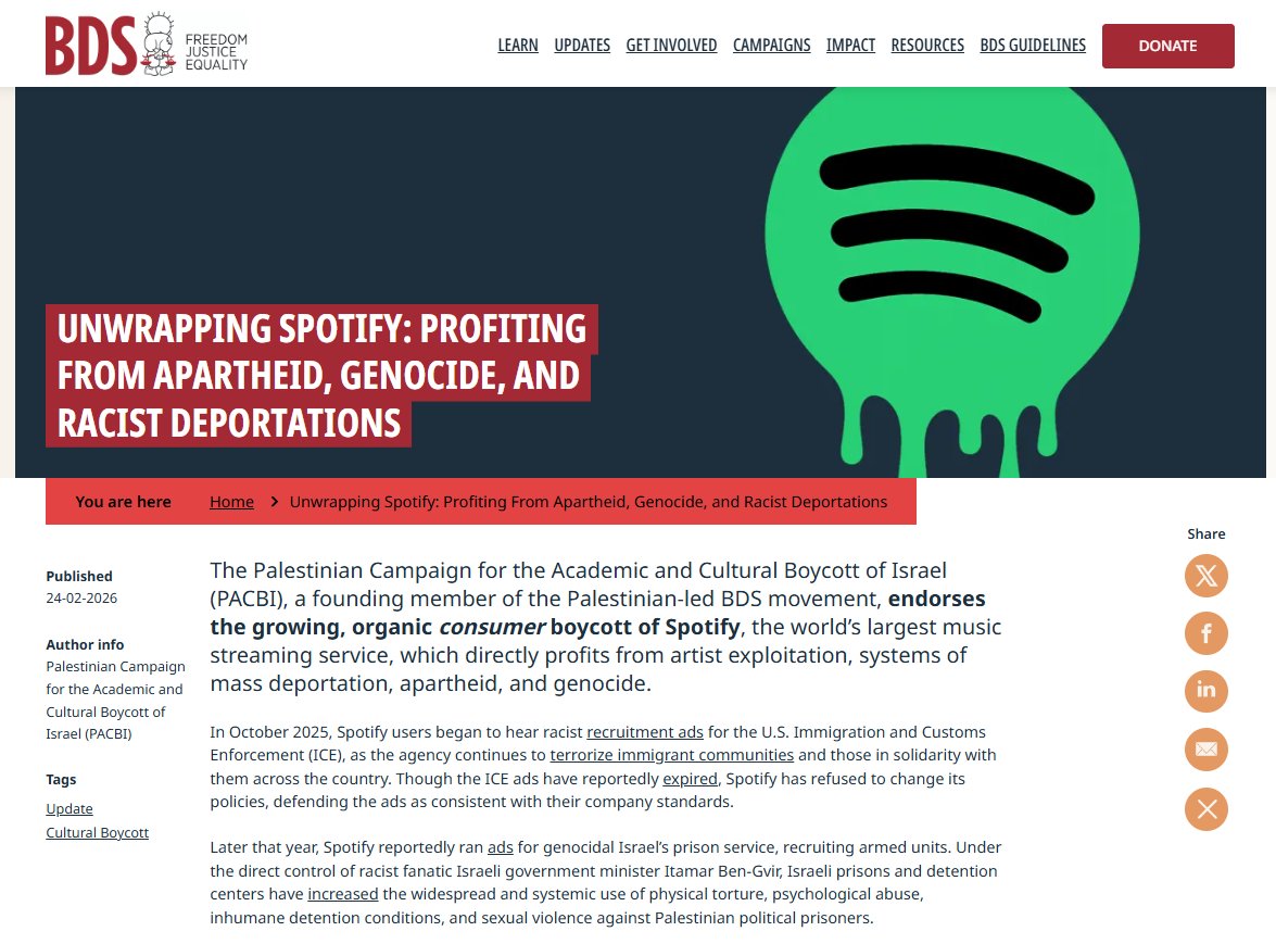Gengs, BDS kemarin secara resmi mengumumkan pernyataan boikot Spotify karena terlibat aktif dalam apartheid dan genosida Palestina oleh Zionis.
BDS mengimbau semua orang untuk menghentikan subscription di kanal ini hingga Spotify berhenti terlibat pada genosida.
