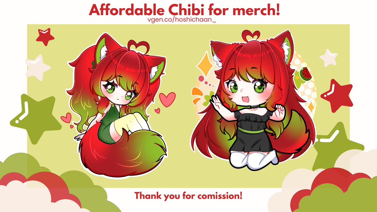 Cześć! 

Na VGenie otworzyłam komisze na przystępne cenowo chibi pod merch! 
Za 100zł (120 jeśli macie skomplikowany design) możecie zamówić full body chibi z prawami do monetized kontentu i commercial rights! 
NDA jest całkowicie darmowe, i jeśli zażyczycie sobie dodatkowo