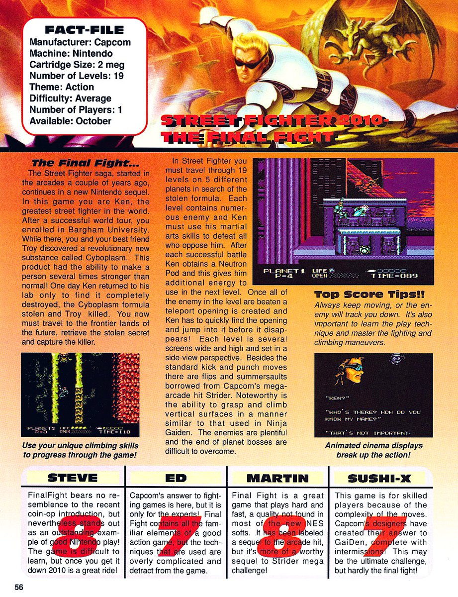 american80s's tweet image. And while we’re on the topic… here’s Street Fighter 2010: The Final Fight, reviewed in EGM. It was released for the NES in 1990.

#Capcom #Nintendo #NES #StreetFighter #FinalFight 💪