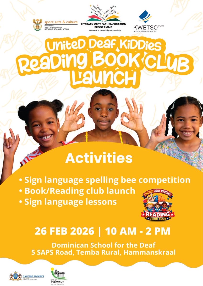 LiteraryOIP's tweet photo. The United Deaf Kiddies Reading Book Club Launch promotes reading, sign language learning, and communication skills through: • Sign language spelling bee • Reading club launch • Sign language lessons
📅 26 Feb 2026 | 10AM -2PM
Dominican School for the Deaf, Hammanskraal https://t.co/gEBYFEH1Bd