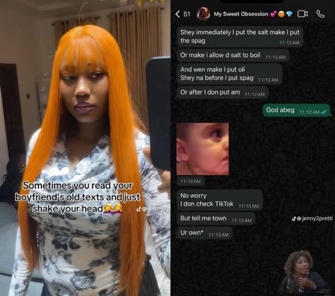 Lady shares hilarious chat with her boyfriend who was asking for help with cooking spaghetti.😂😂😂

Abeg them they boil salt ?