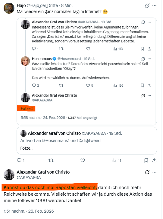 Der Herr Graf würde sich über ein paar Reposts sehr freuen.

Gerne schließe ich mich diesem Wunsch an! 👍