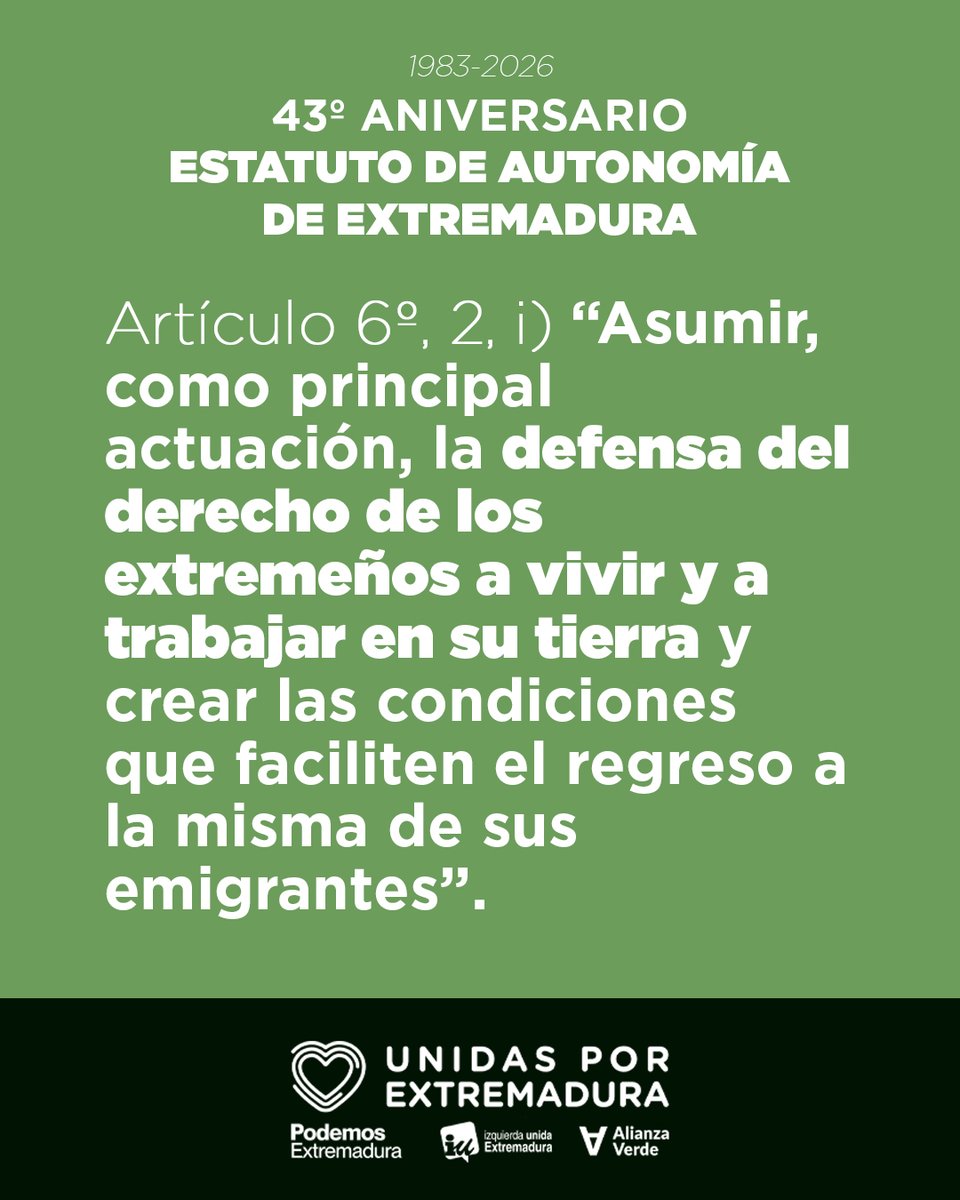 4⃣3⃣º aniversario de la aprobación de nuestro Estatuto de Autonomía: 𝗠𝗨𝗖𝗛𝗢 𝗣𝗢𝗥 𝗛𝗔𝗖𝗘𝗥

📢 La Junta de Extremadura tiene la obligación de generar la oportunidad de regresar a las decenas de miles de trabajadoras extremeñas que tuvieron que emigrar.
