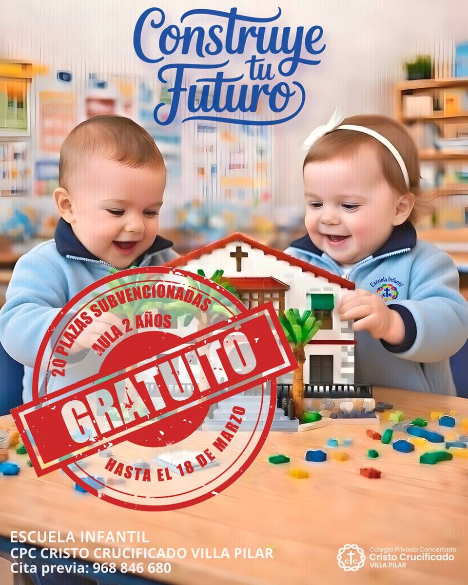 ⚠️ IMPORTANTE ⚠️
Disponemos de 20 plazas subvencionadas para el aula de 2 años de nuestra escuela infantil 🏫👶🏻. 

Llama al 968 846 680 ☎️ para solicitar más información ℹ️. 

➡️ Plazo hasta el 18 de marzo de 2026.