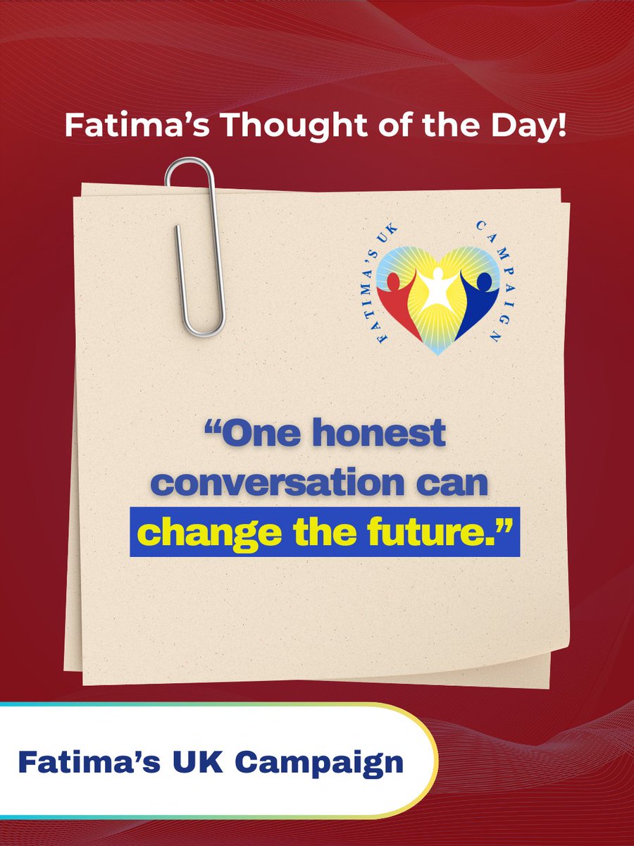 FatimaWh1tbread's tweet image. Fatima’s Thought of the Day: “One honest conversation can change the future.”

Today’s Thought:
Open dialogue creates understanding. When we speak truth with care, we open doors to trust, healing, and opportunity.

#FatimasUKCampaign #FatimaWhitbread #HonestConversations