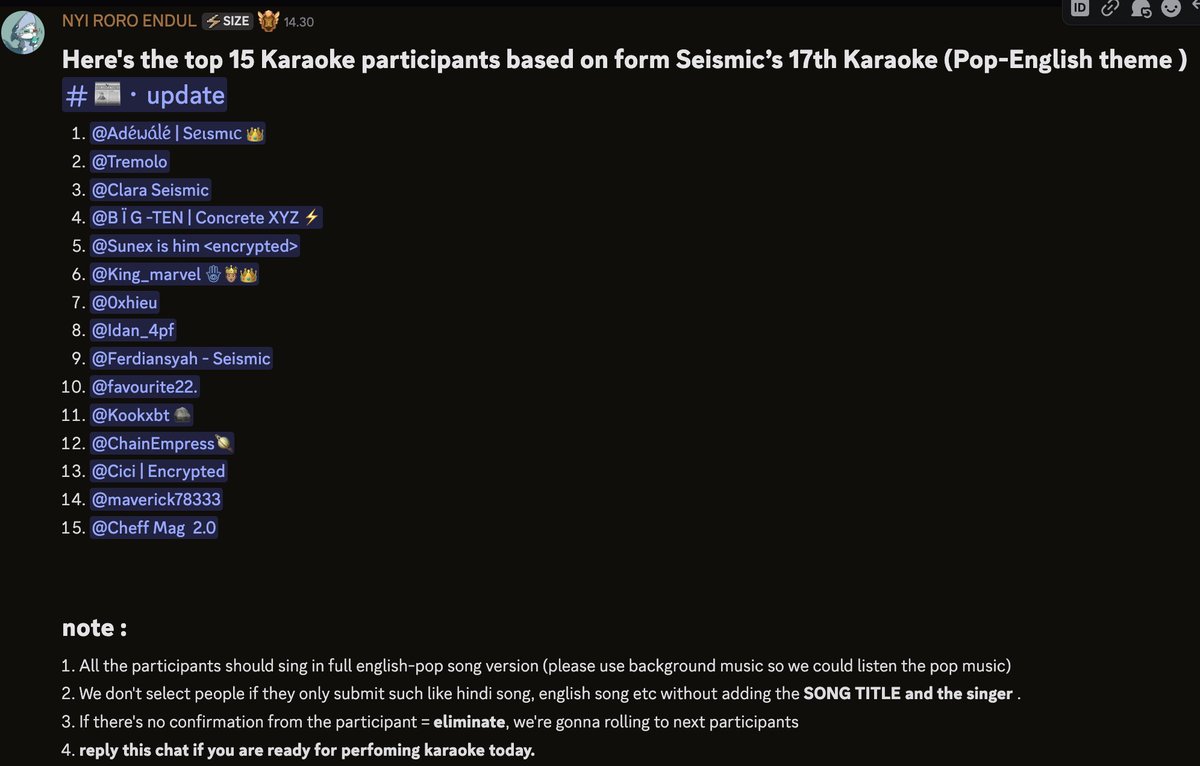 Seismic 17th Karaoke is here <a href="/SeismicSys/">Seismic</a> is bringing the stage back to life with English Pop vibes, and I’m up as singer #2 
Top 15 performers only don’t be late! 
Seismic Town Hall Stage, 25 February 2026 21.00
See you!
<a href="/xealistt/">Xealist</a> <a href="/NoxxW3/">Noxx</a> <a href="/heathcliff_eth/">Heathcliff</a>