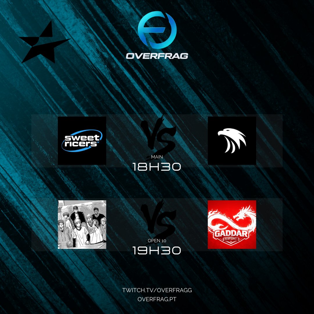 Arroz para o jantar?

18h30 - <a href="/sweetricers/">Sweet Ricers</a> BASMATI vs TAKA
19h30 - TEIKO vs GADDAR

twitch.tv/overfragg