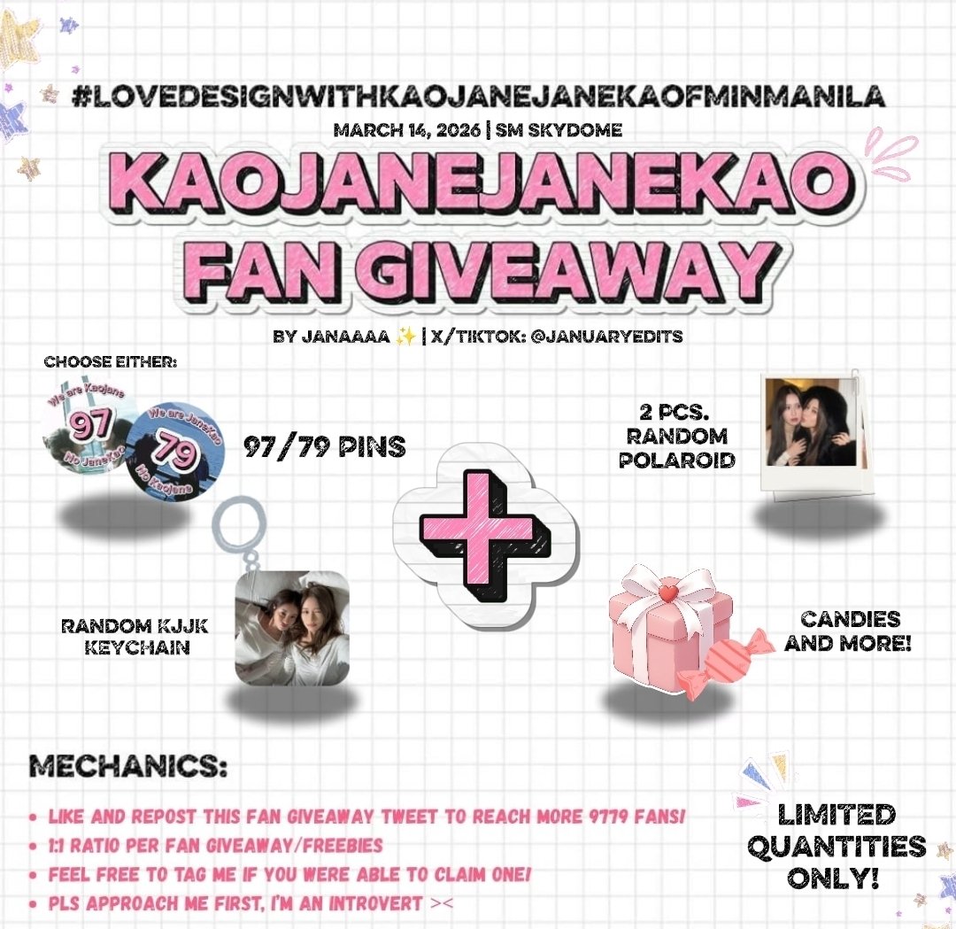 januaryedits's tweet photo. Hello 9779s!! Filo Fans!! I'm giving away freebies to celebrate KJJK 1st Fanmeet here in Manila! 🤍✨

☆ Limited quantities only
☆ Just say if you're Team 97 or 79 when claiming! 
☆ Pls feel free to approach me first, I'm an introvert hehe 🥹

📆 : 14 March 2026
📍 : SM North Edsa Skydome
⏰ : Venue and Time TBA, check for updates! 

See you there! 🤍

#LoveDesignwithKaoJaneJaneKaoFMinManila #KaoJaneJaneKao #เก้าเจนเจนเก้า #supassra_sp #janeeyeh #9779s_giveaway