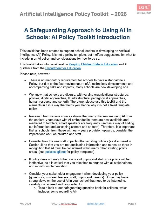 LGfL's tweet photo. Is your filtering “Set and Forget”? 🛡️ 

Standards require schools to have a robust approach to filtering and monitoring AI. 
We recommend that "AI Chat and Image Generators" be blocked by default for all users, with specific URLs only allowed for specific users, once they have been approved using the DfE Product Safety Standards as a benchmark. 

❓Is this reflected in your filtering?
❓Is this even possible - if you don't have user authentication of HTTPS decryption in place?

Our NEW AI Policy Toolkit helps you align your school’s technical systems with the 2026 @educationgovuk Product Safety Standards and KCSIE requirements. 

🔗 https://t.co/PkCm6yB8ov