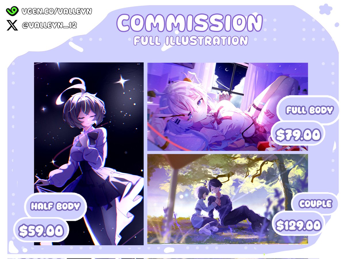 After a long time of hiatus.

✨COMMISSIONS OPEN ✨
[ ❤️ and 🔃 APPRECIATED   ]

Hello, everyone!! I'm Valleyn. I open my commission again. If you want to request, please contact me 
🍀✨
 
VGen: vgen.co/Valleyn

#VGenComms #commissionsopen
#commissionopen