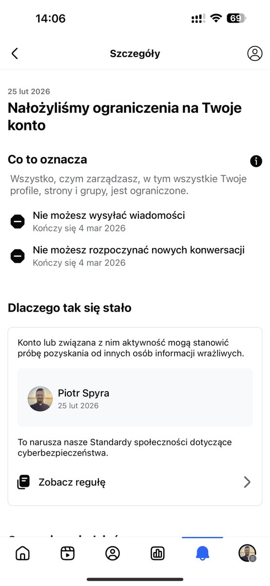 pspyra's tweet photo. Spotkała mnie dziś taka o to niespodzianka - Facebook nagle i niespodziewanie nałożył na mnie ograniczenia - przez tydzień nie mogę odpisywać na messengerze. W uzasadnieniu jest podejrzenie o cyberbezpieczeństwo (!?). Czy spotkał się ktoś z Was z takim przypadkiem? Gdzie to się można odwołać?:) @Meta @niebezpiecznik