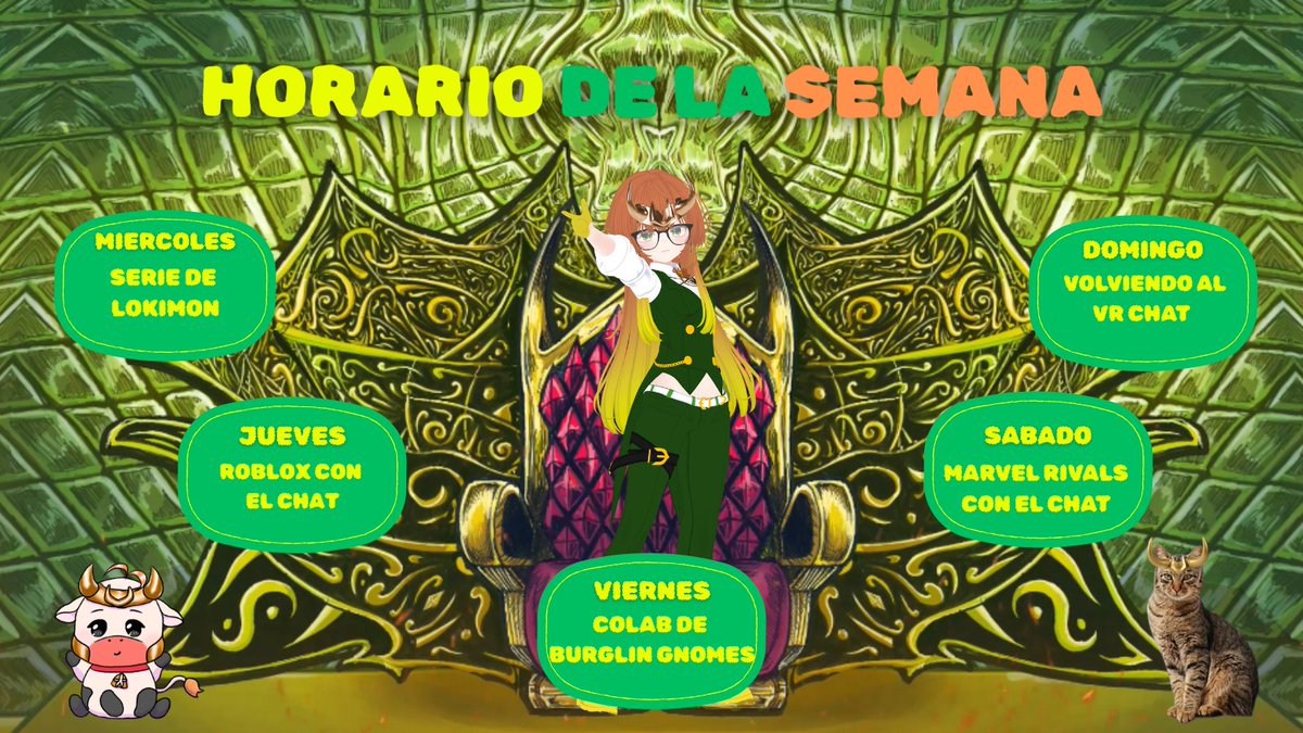 Chiquill@s les dejo el horario de la semana, vamos a estar prendiendo aprox a las 9 hrs pm 🇨🇱 y haremos un poco de variedad, ya que sobre todo este mes me encuentro cubriendo un puesto que la chamba no es mío. Haré un cobelmon para estar de chill y jugaremos algunos juegos