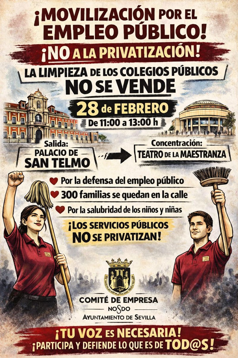 ccooaytodesevil's tweet photo. 📅 28 de febrero
🕚 11:00h
📍 Palacio de San Telmo
Movilización por el empleo público.
La limpieza de los colegios NO se vende.
Los servicios públicos NO se privatizan.
Acude. Tu voz es necesaria.
#StopPrivatizacion ✊🔥 https://t.co/P9tSU19CNT